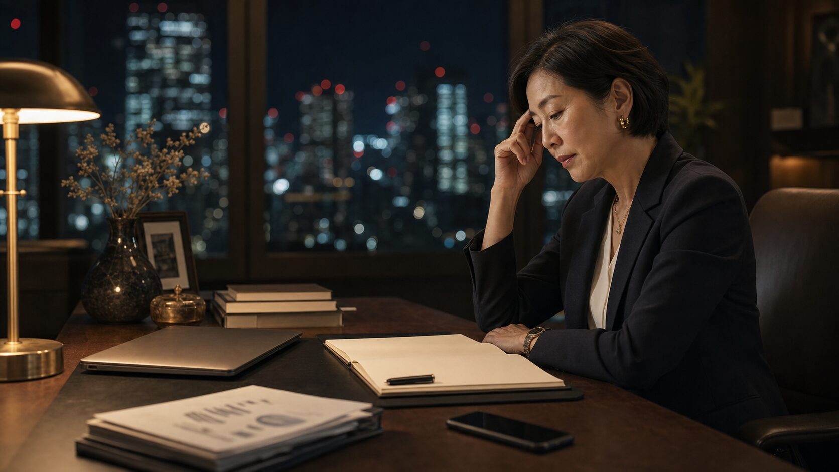 夜のデスクで考え込む責任ある立場の女性